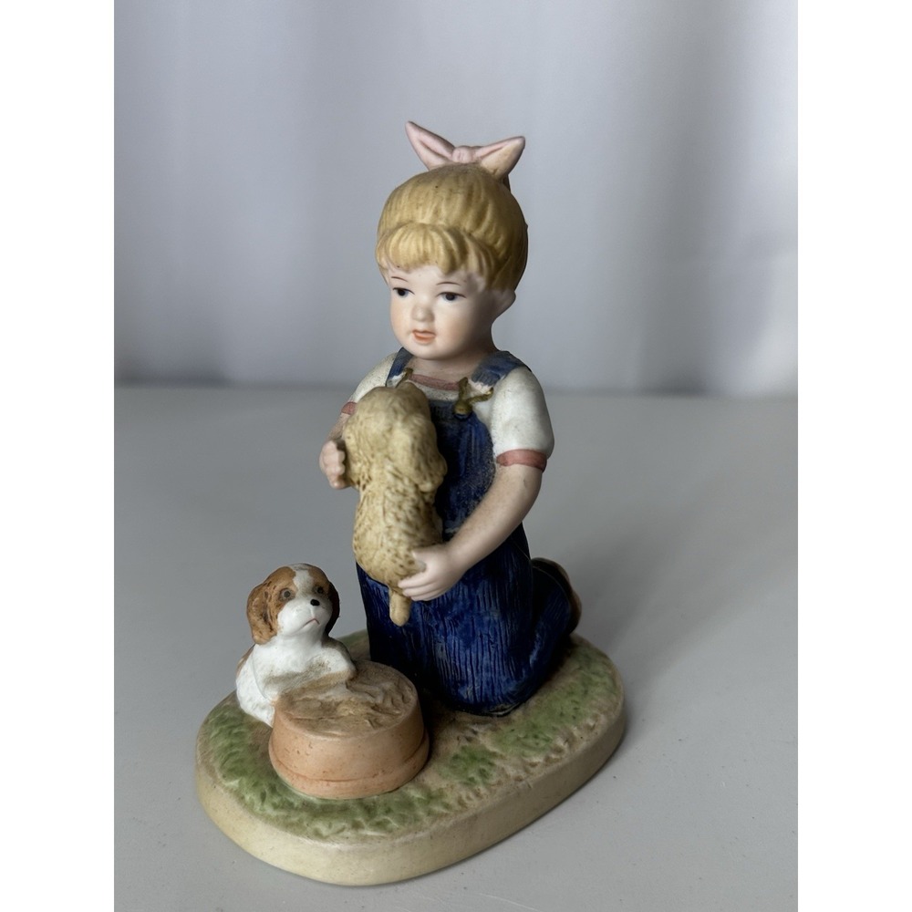 Homco Denim Days Puppy Love Girl Debbie with Puppies Dog Bowl 1503 Figurine 1985